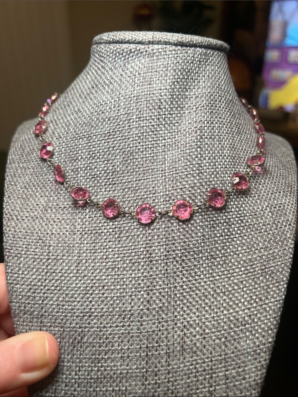 Antique Art Deco Pink Riviere Faceted Paste Glass Open Back Gem Choker Necklace - Picture 7 of 7